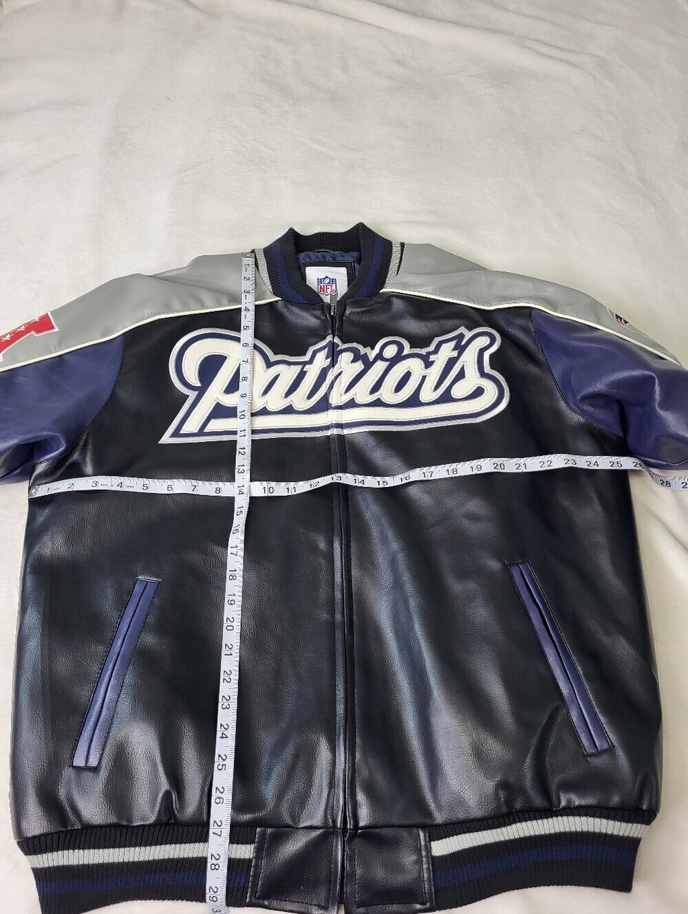 NFL Patriots Navy and Gray Leather Jacket. Faux Leather. Mens Large - Picture 15 of 16